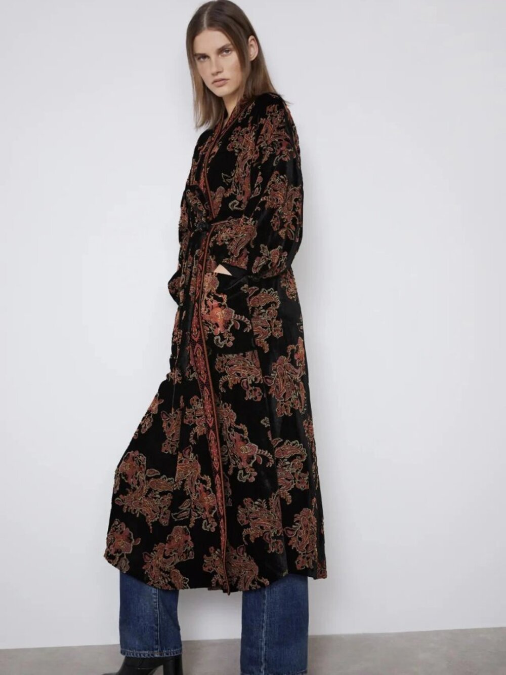 Zara Dreamy Velvet Paisley Kimono Duster Boho Maxi Robe Jacket XS S M L